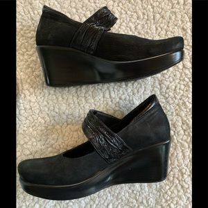 NAOT "AMOR" Black Suede Platform Wedge Mary Janes
